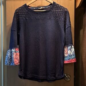 Tribal Navy Blue Lace Top with Colorful Sleeves
